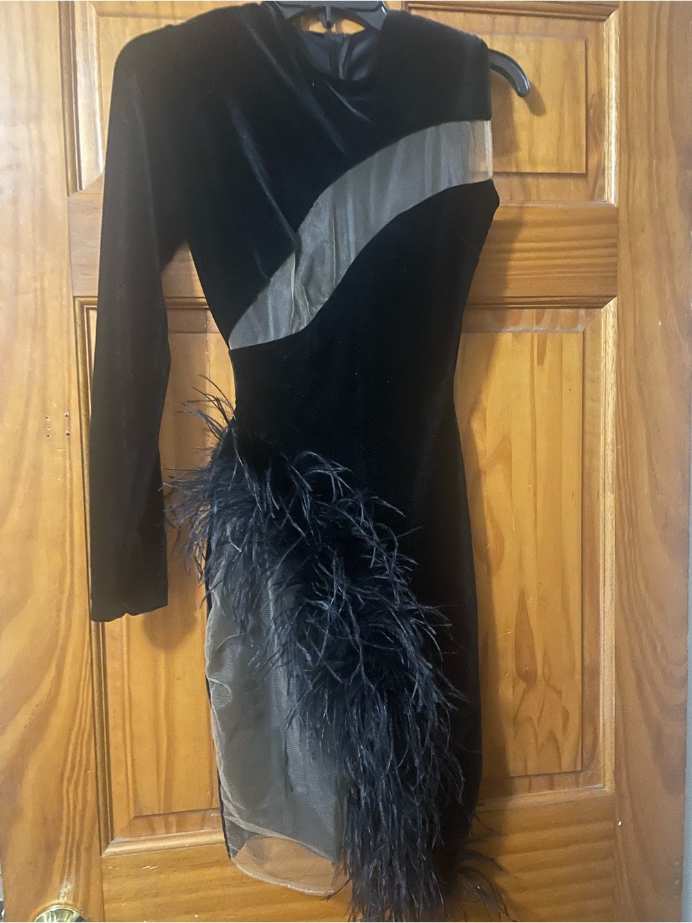 Black Velvet Feather-Trim Long Sleeve Cocktail Dress
